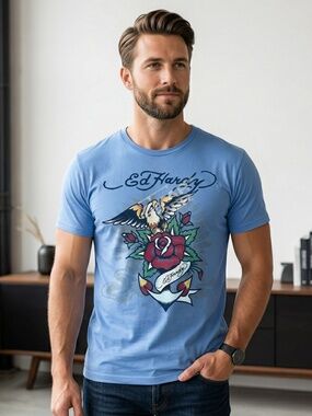 Ed Hardy Eagle Rose Anchor Graphic Tee Vintage Tattoo Style Blue Men's Size XL